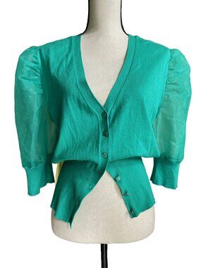 7TH AVENUE DESIGN STUDIO Green Sweater Top Sheer Puffy Sleeves XL